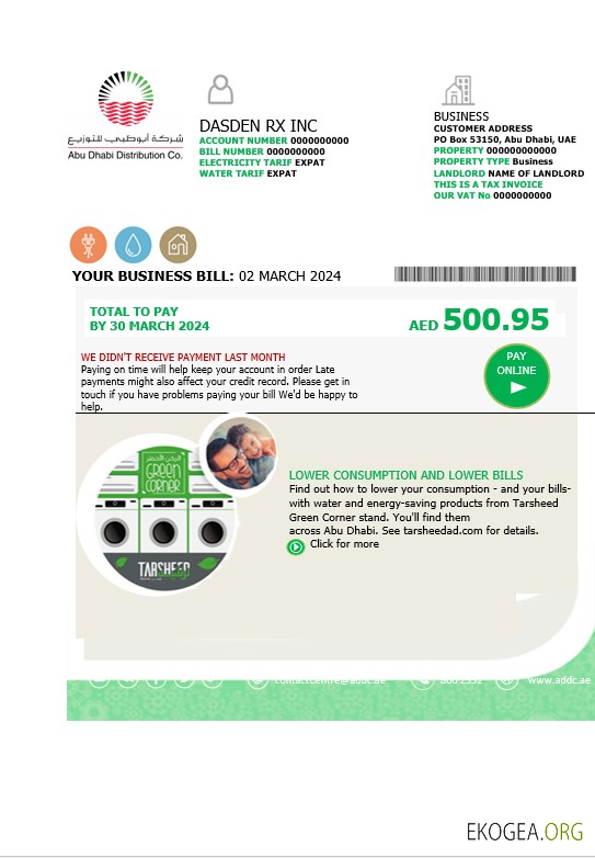 Modèle de facture de services publics des Émirats arabes unis Abu Dhabi Distribution Co. aux formats Word et PDF